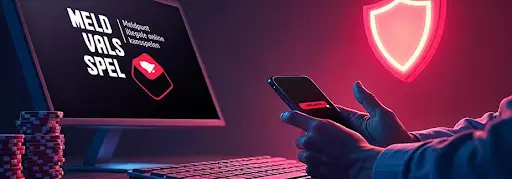 Scherm met tekst „Meld Vals Spel” en gebruiker die via telefoon melding maakt van illegaal online kansspel, met focus op veiligheid bij One Casino